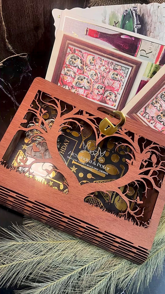 Custom Laser Cut Wooden Book Box, Personalised Wedding Favours, Birthday Keepsake Chest Photo Storage, Christmas, Engagement, Corporate Gift