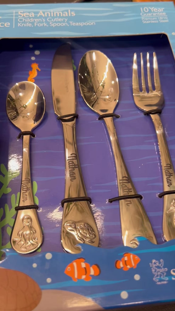Custom Engraved Kid's Cutlery 4 Piece Set, Personalised Children Name Spoons, Fork, Knife/ Daycare Dining Tools, First Birthday Baptism Gift
