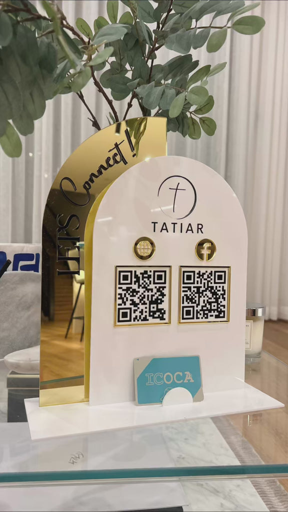 Personalised 3D Raised Acrylic Arch QR Code Social Connect Business Sign & Card Holder, Custom Spa, Beauty, Cafe, Reception Display Signage