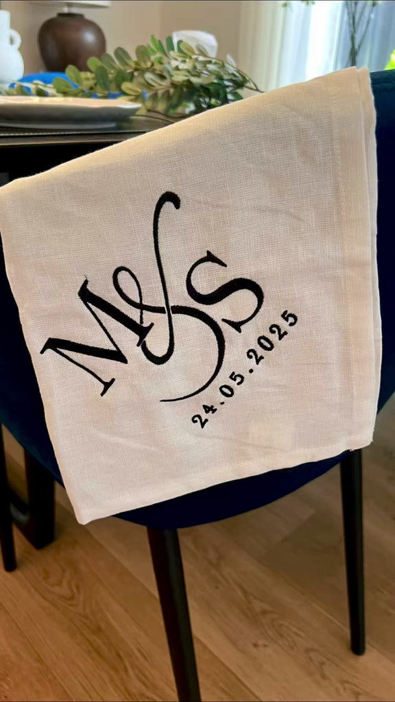 Custom Black Embroidered Linen Cloth Napkin, Personalised Guest Table Name Place Towel Logo Handkerchief Embroidery Wedding Favor Anniversary Gift