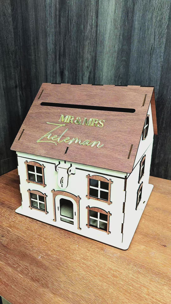 Custom Wooden House Wedding Post Box & 3D Acrylic Text, Personalised Rustic Wishing Well Holder, Money Storage, Envelope Card Trinket, Gift