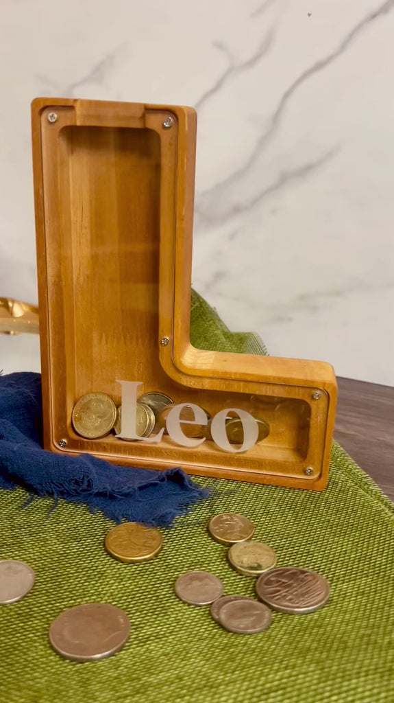 Personalised Wood Letter Piggy Bank, Custom Engraved Name Money Saving Box Alphabet Coin Storage Birthday Shower Gift Nursery Kid Room Decor