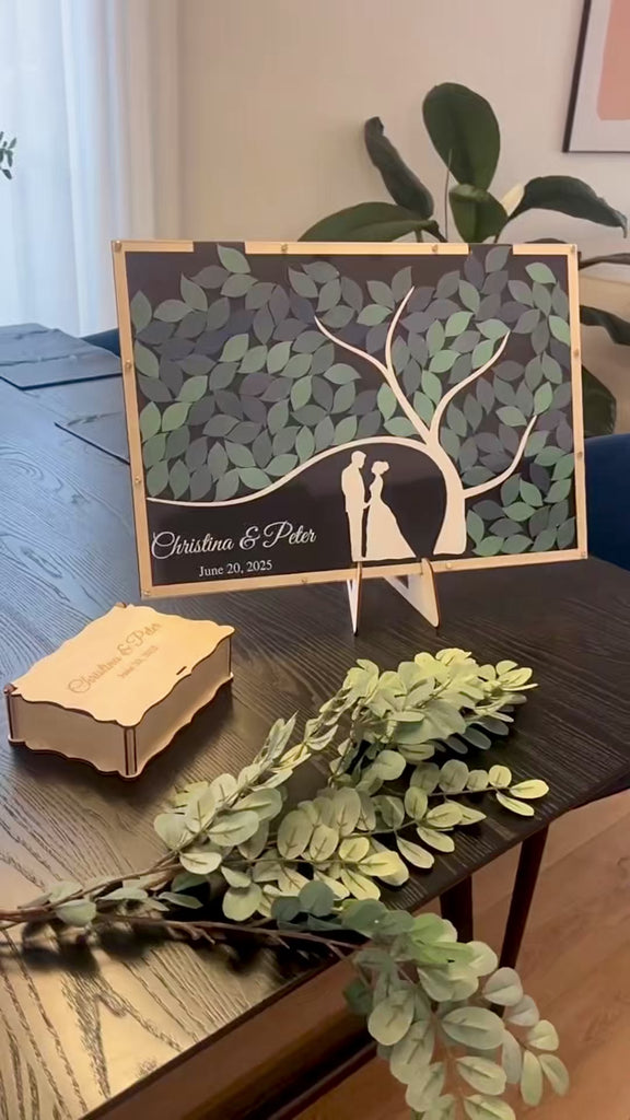 Custom Wood Acrylic Tree of Colour Leaves & Couple Silhouette Wedding Drop Box, Personalised Guest Book Alternative, Same Sex Marriage Decor