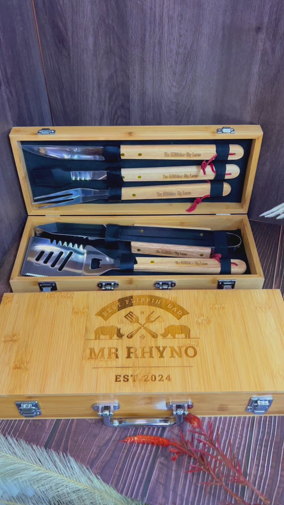 Personalised Bamboo BBQ Tools & Box Set, Custom Engraved Barbecue Utensils Case, Grill Master, Groomsman, Dad, Housewarming, Corporate Gift