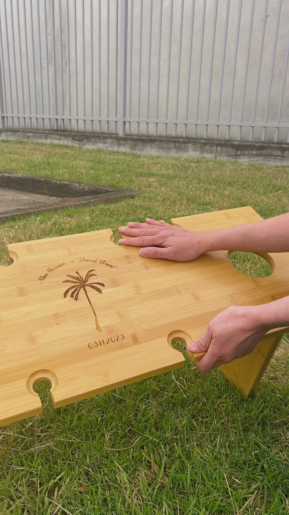 Personalised Portable Foldable Bamboo 8 People Picnic Table & Wine Glasses, Custom Outdoor Picnic, Wedding, Anniversary, Housewarming Gift