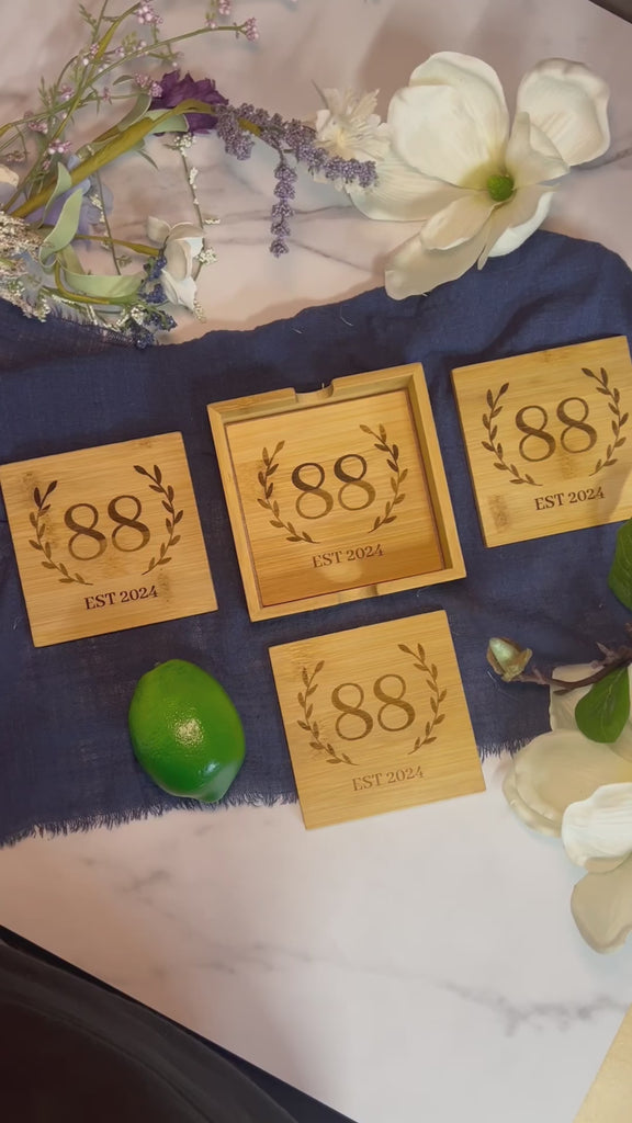 Personalised Set of 4 Bamboo Coasters, Custom Engraved Logo Drink Mat Teacher/ Wedding/ Anniversary / Housewarming/ Birthday/ Corporate Gift