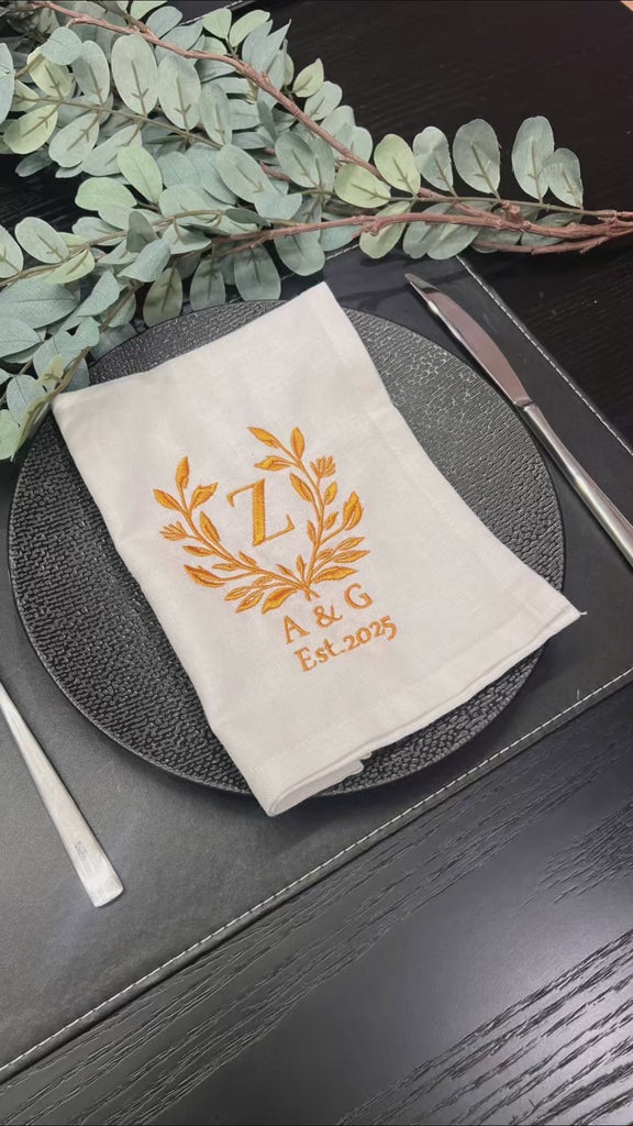 Custom Gold Embroidered Linen Cloth Napkin, Personalised Guest Table Name Place Towel Logo Handkerchief Embroidery Wedding Favor Anniversary Gift