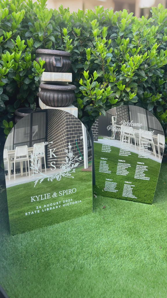 Personalised Wedding Seating Chart Arch Sign, Custom UV Print Guest Plan, Engagement, Anniversary Find Table Your Seat Awaits Mirror Signage