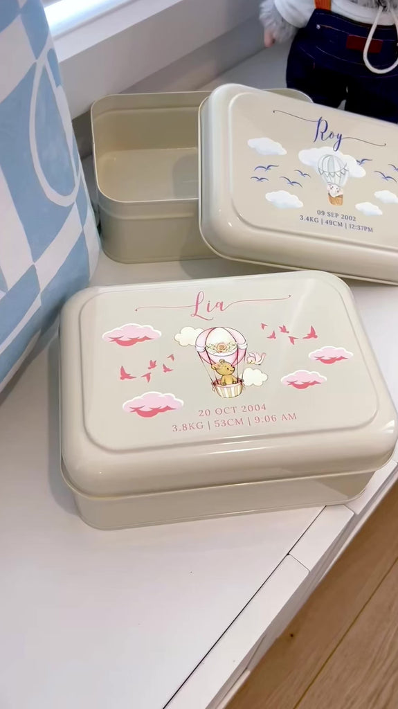Personalised New Born Baby Tin Keepsake Box, Custom UV Printed Metal Memory Boxes, Engraved Treasure Storage, Nursery, First Birthday Gift