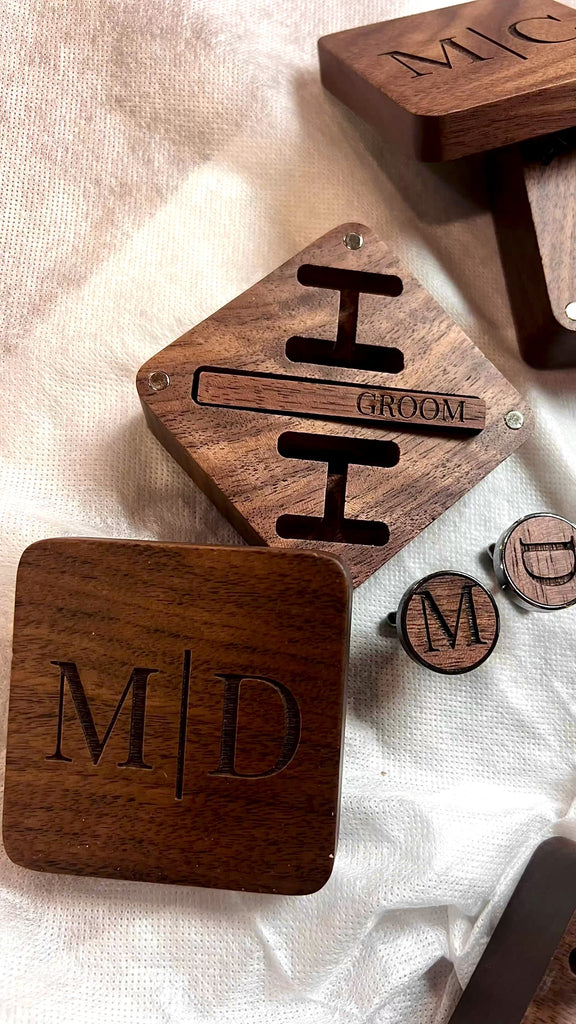 Personalised Walnut Cufflinks & Tie Clip Box, Custom Engraved Man's Wooden Accessories/ Jewellery Storage, Groomsmen, Dad, Wedding Gift Set
