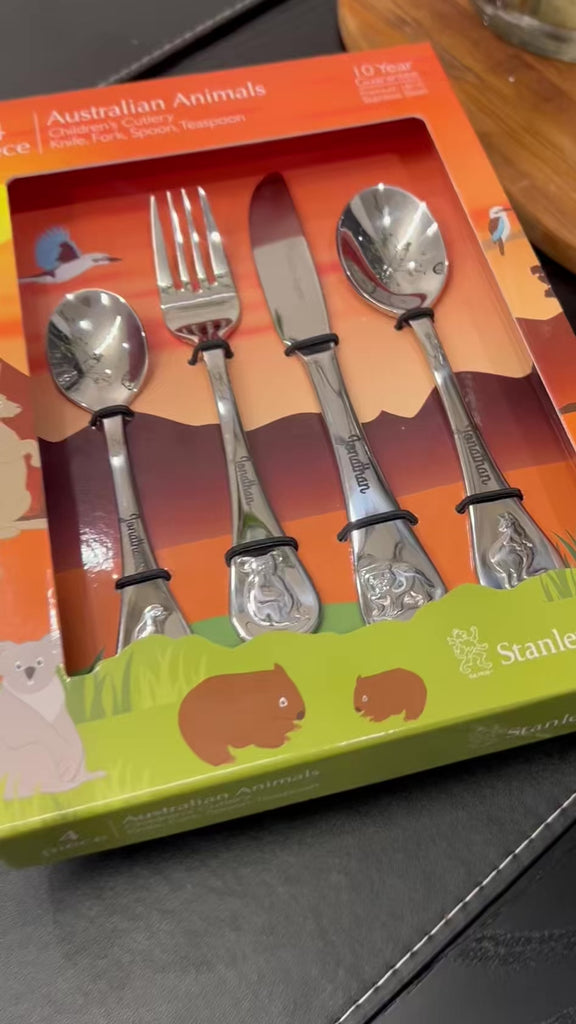 Custom Engraved Kid's Cutlery 4 Piece Set, Personalised Children Name Spoons, Fork, Knife/ Daycare Dining Tools, First Birthday Baptism Gift