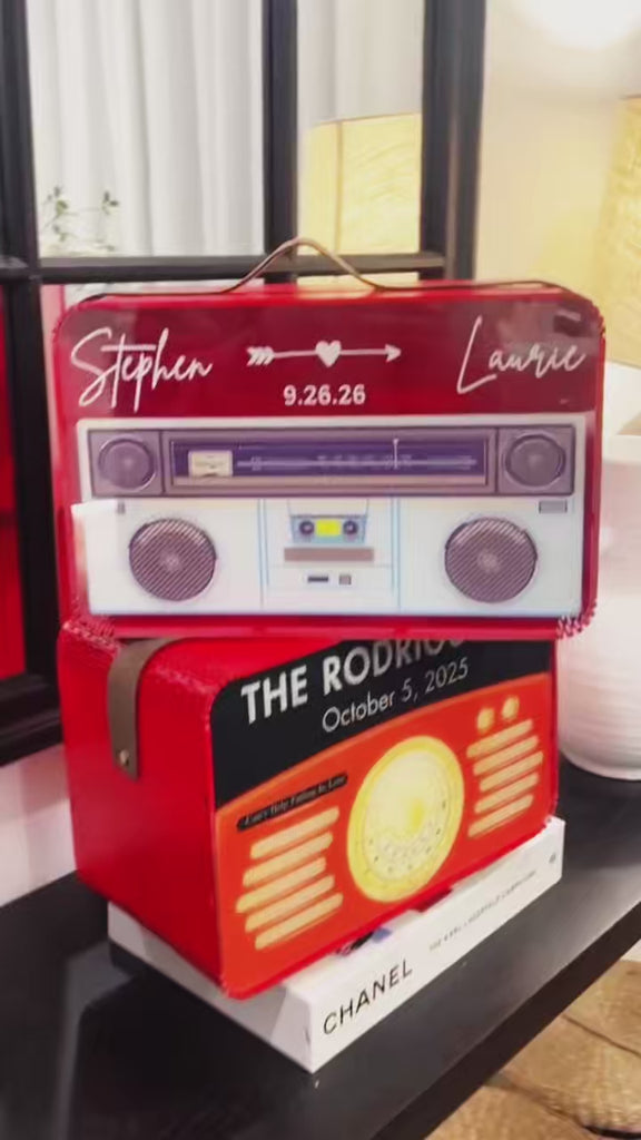 Custom Plywood Acrylic Retro Radio Wishing Well Box - Leatherette Carry Handle & Sign, Personalised Money Card Wedding Memory Keepsake Gift