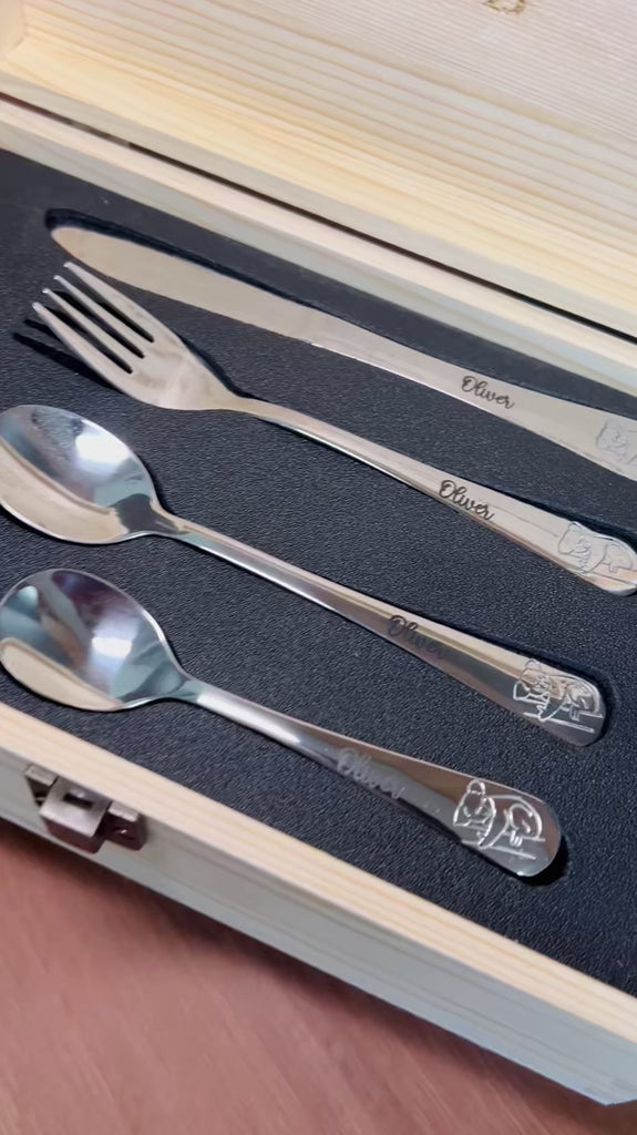 Personalised Kid's Cutlery 4 Piece & Wooden Gifted Box Set, Custom Engraved Children Name Utensils, First Birthday, Christening Baptism Gift