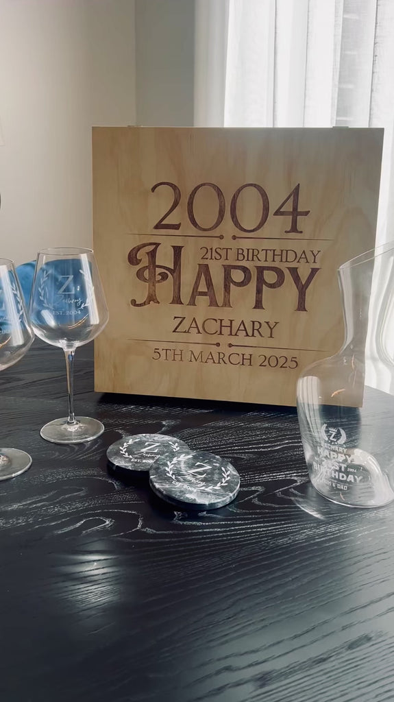 Personalised Carafe & Pair Crystal Wine Glasses Set, Marble Coasters in Custom Etched Wooden Box, Groomsman, Wedding Birthday Corporate Gift
