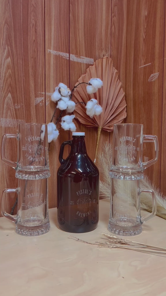 Personalised 1.9L Amber Glass Craft Beer Growler & 2 Italian Tankard Mugs, Engraved Brewery Bottle & Glasses, Etched Custom Logo Corporate/ Father/ Housewarming Gift, Wedding/ Groomsmen Favour