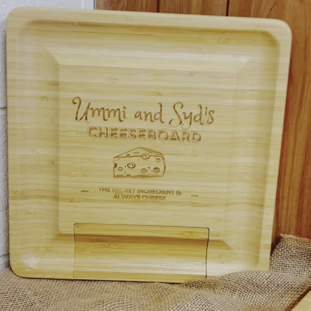 Personalised Bamboo Square Cheese Board Pull Out Knife Set, Engraved Serve Tray, Charcuterie Platter, Wedding Anniversary, Housewarming Gift