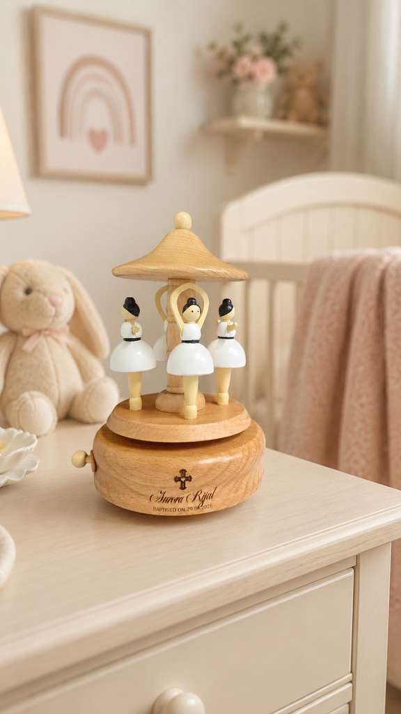 Personalised Wooden Music Carousel , Custom Etched Kid Toy, Nursery Decor Baby Shower Keepsake First Birthday Child Baptism Christening Gift