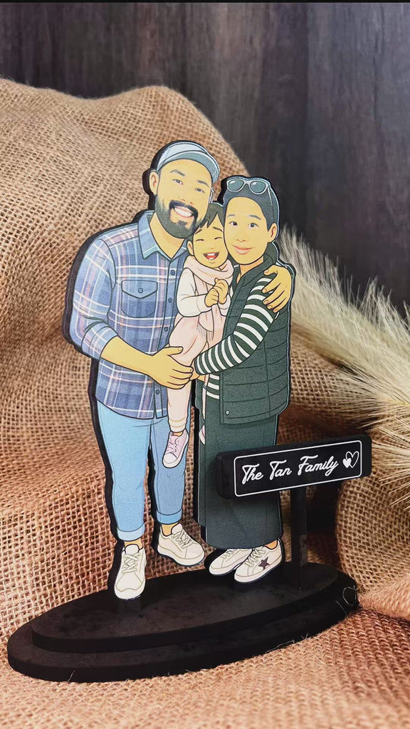 Personalised 3D Wooden Cartoon Family Figurine Display, Custom Print Photo Portrait Caricature Home Decor, Birthday, Anniversary, Xmas Gift