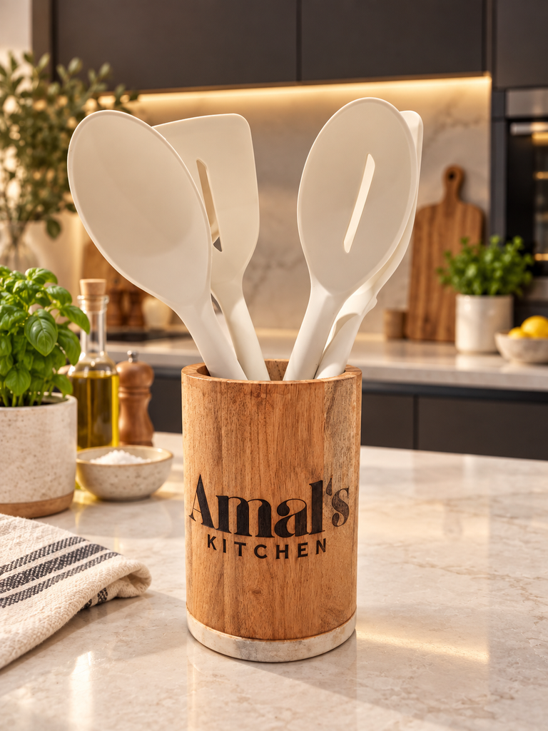 Personalised 5 Cooking Utensils & Acacia/Marble Holder Set, Custom Engraved Kitchen Tools Organiser, Mom Grandma Birthday, Housewarming Gift