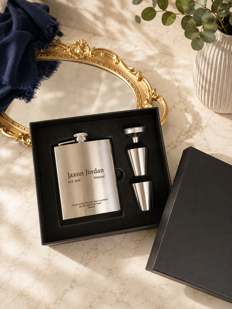 Custom Engraved 7oz Hip Flask Gift Set - Shot Glasses & Funnel | Personalised Logo Groomsmen, Birthday, Father's Day, Corporate Keepsake Box