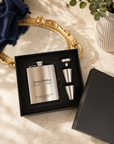 Custom Engraved 7oz Hip Flask Gift Set - Shot Glasses & Funnel | Personalised Logo Groomsmen, Birthday, Father's Day, Corporate Keepsake Box