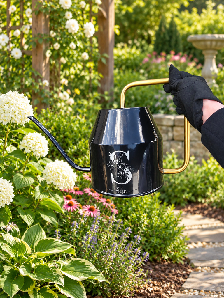 Personalised Garden 2L Black Watering Can, Custom Engraved Flower Plant Tool, Teacher, Anni, Housewarming Wedding Birthday Dad Mum Xmas Gift