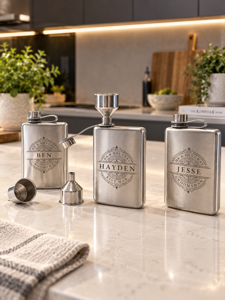 Custom Engraved 9oz Stainless Steel Pocket Hip Flask, Personalised Wedding, Groomsmen, Dad Birthday Keepsake, Logo Christmas Corporate Gift
