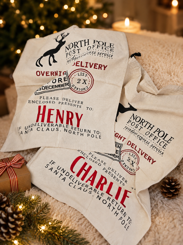 Custom Embroidered Canvas North Pole Delivery Christmas Bag, Personalised Xmas Santa Sack, Holiday Decor, Family Kid Gift Drawstring Storage