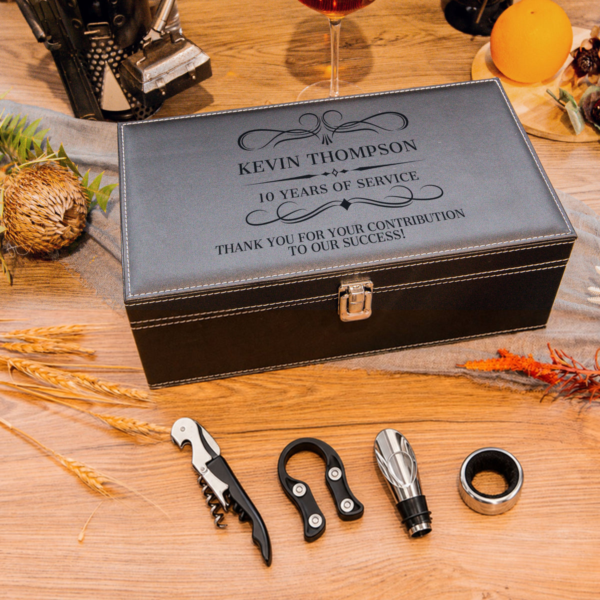 UV printed leather twin wine box with corkscrew, foil cutter, pourer and drip ring