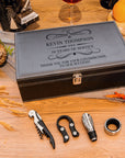 UV printed leather twin wine box with corkscrew, foil cutter, pourer and drip ring