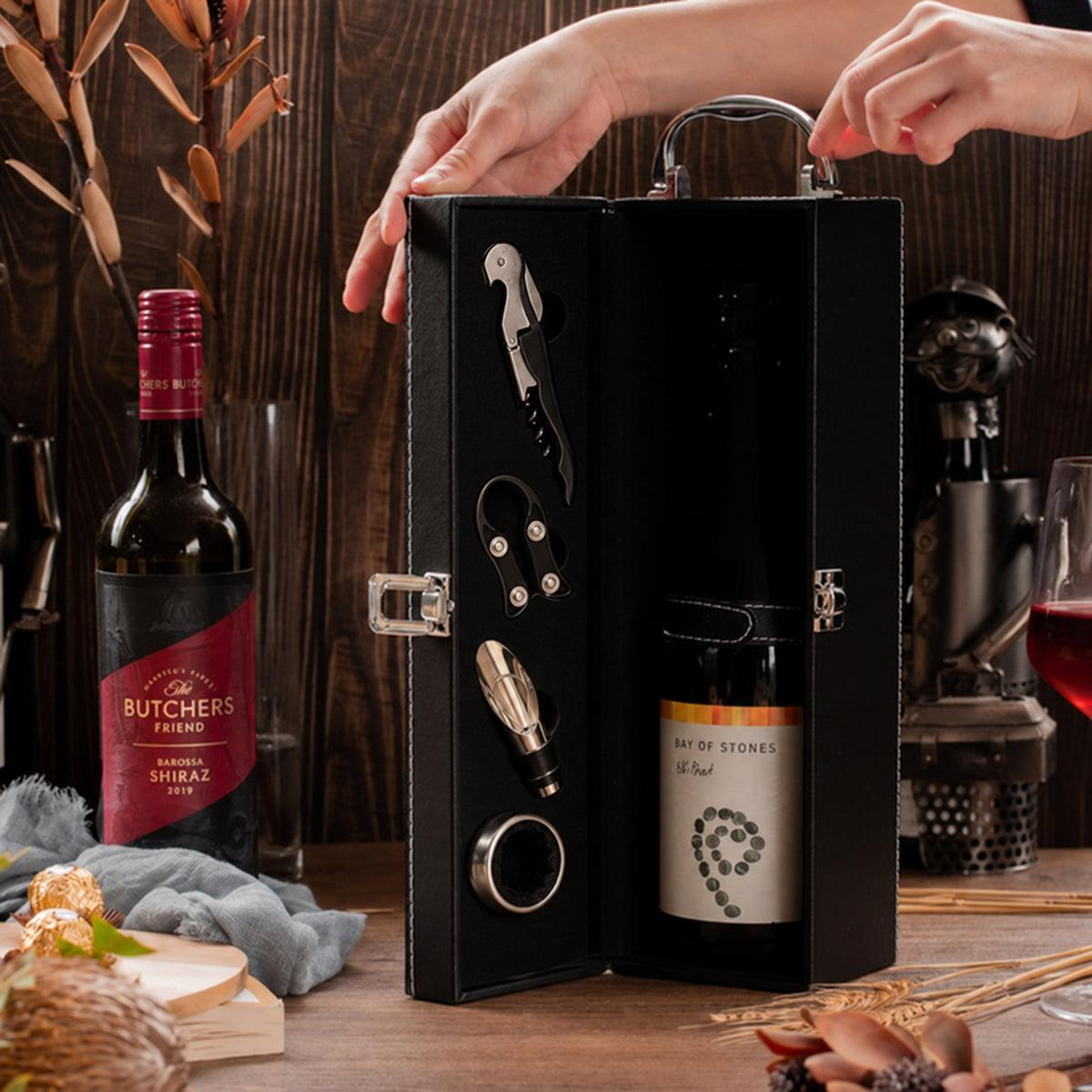 UV printed leather wine box with corkscrew, foil cutter, pourer and drip ring