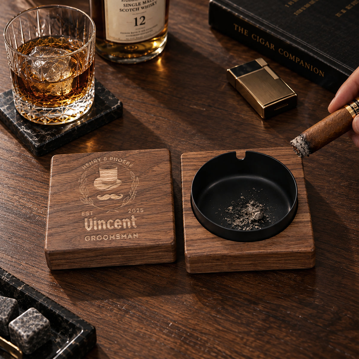 Wooden ashtray with magnetic removable metal bowl