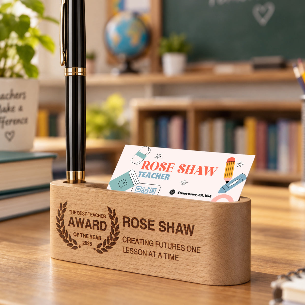 Wooden desk organiser with business card holder