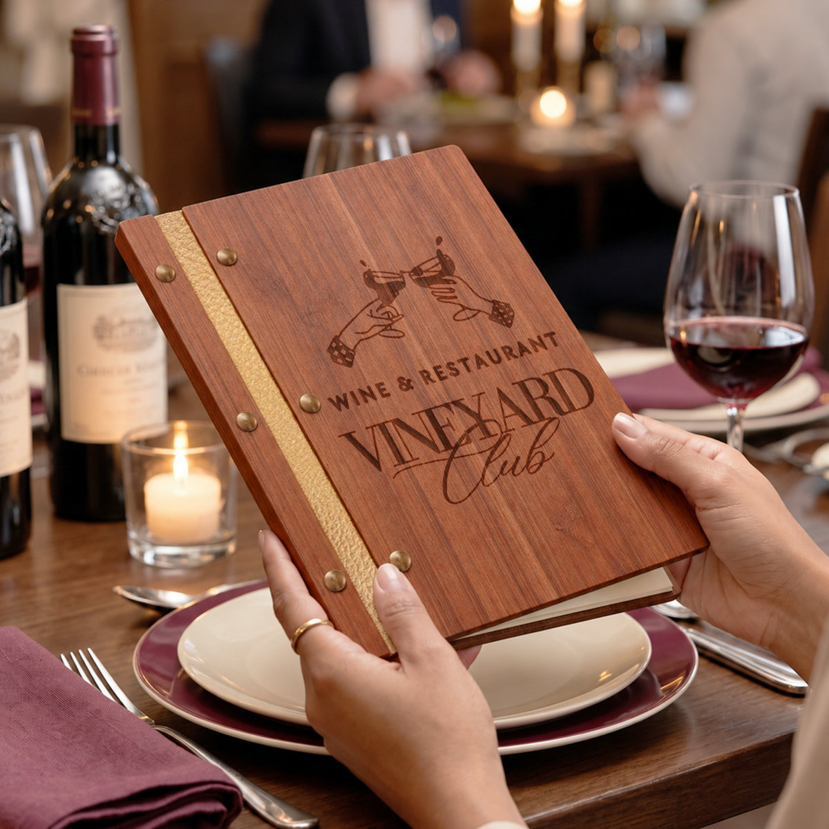 Wooden menu cover colour options in jarrah, bamboo, blackwood, eucalypt and birch