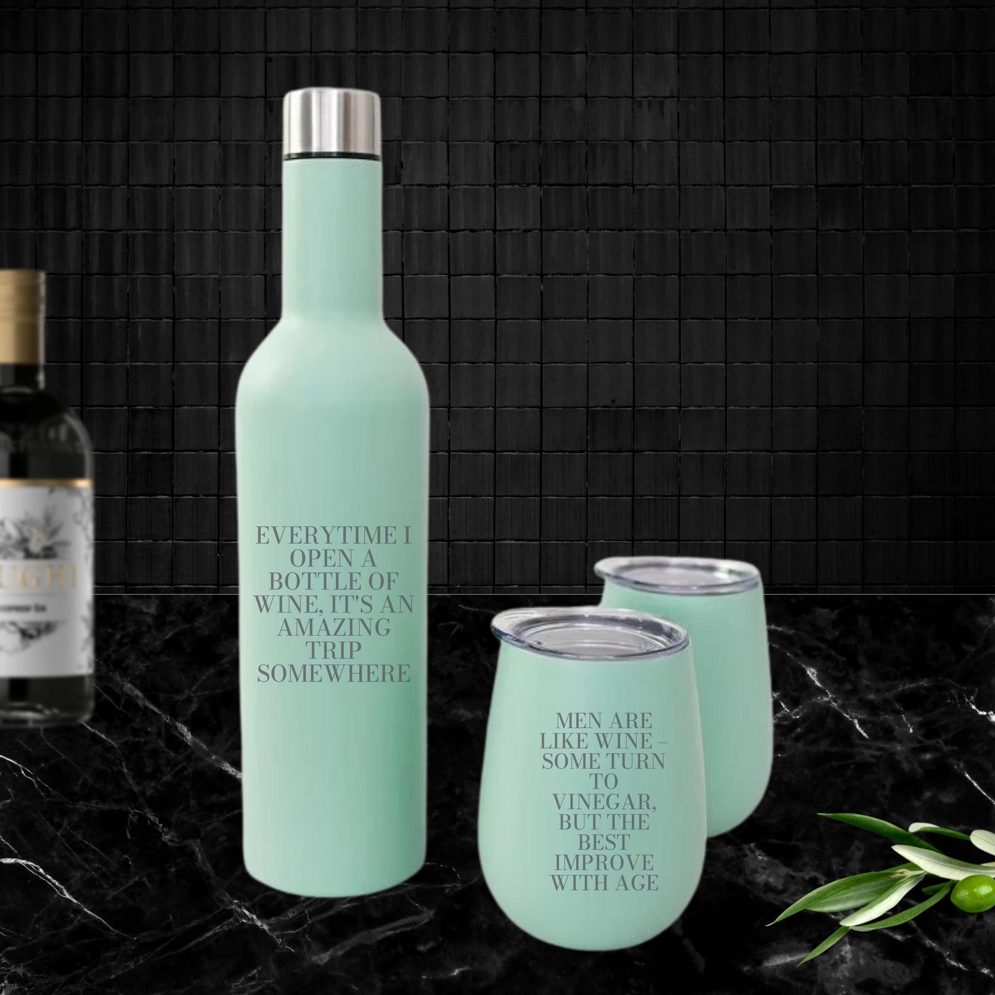 Personalised Engraved Stainless Steel Double Wall Insulated Travellers Set of 3, Thermal Wine Bottle & 2 Tumblers Custom Logo Corporate Gift