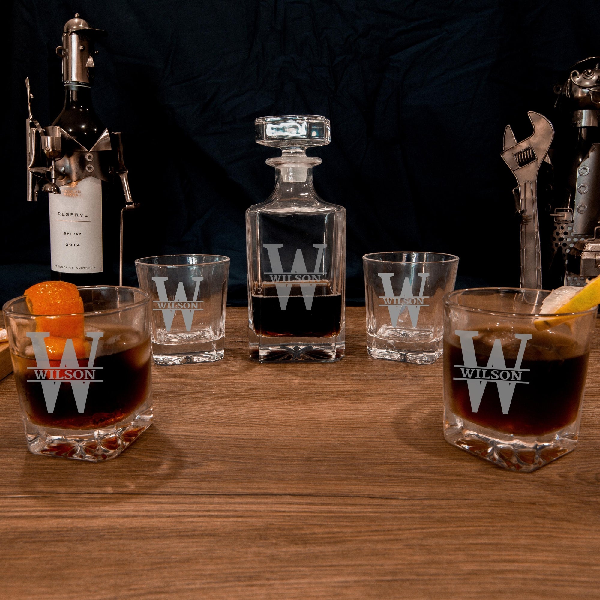 Engraved Whiskey Decanter Set with 4  Scotch Glasses, Personalised Custom Monogram Premium Whisky Birthday, Groomsmen, Bar Gift for Dad/ Him