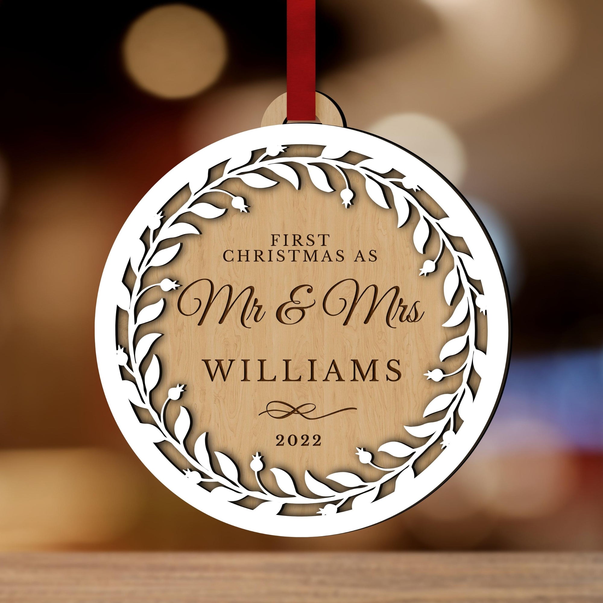Personalised Double Layer Wreath Wooden Baubles, Engraved Custom Baby Name First Christmas Married/ Engaged Xmas Ornament, Housewarming Gift