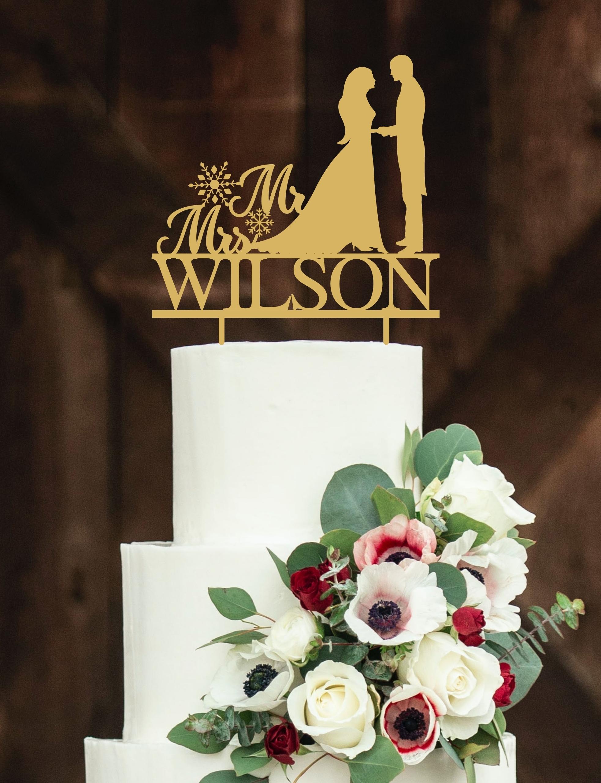 Personalised Silhouette Wedding Snowflake Christmas Mr& Mrs Family/Last Name Cake Topper, Custom Couple Bride Groom Event Party Supply Decor