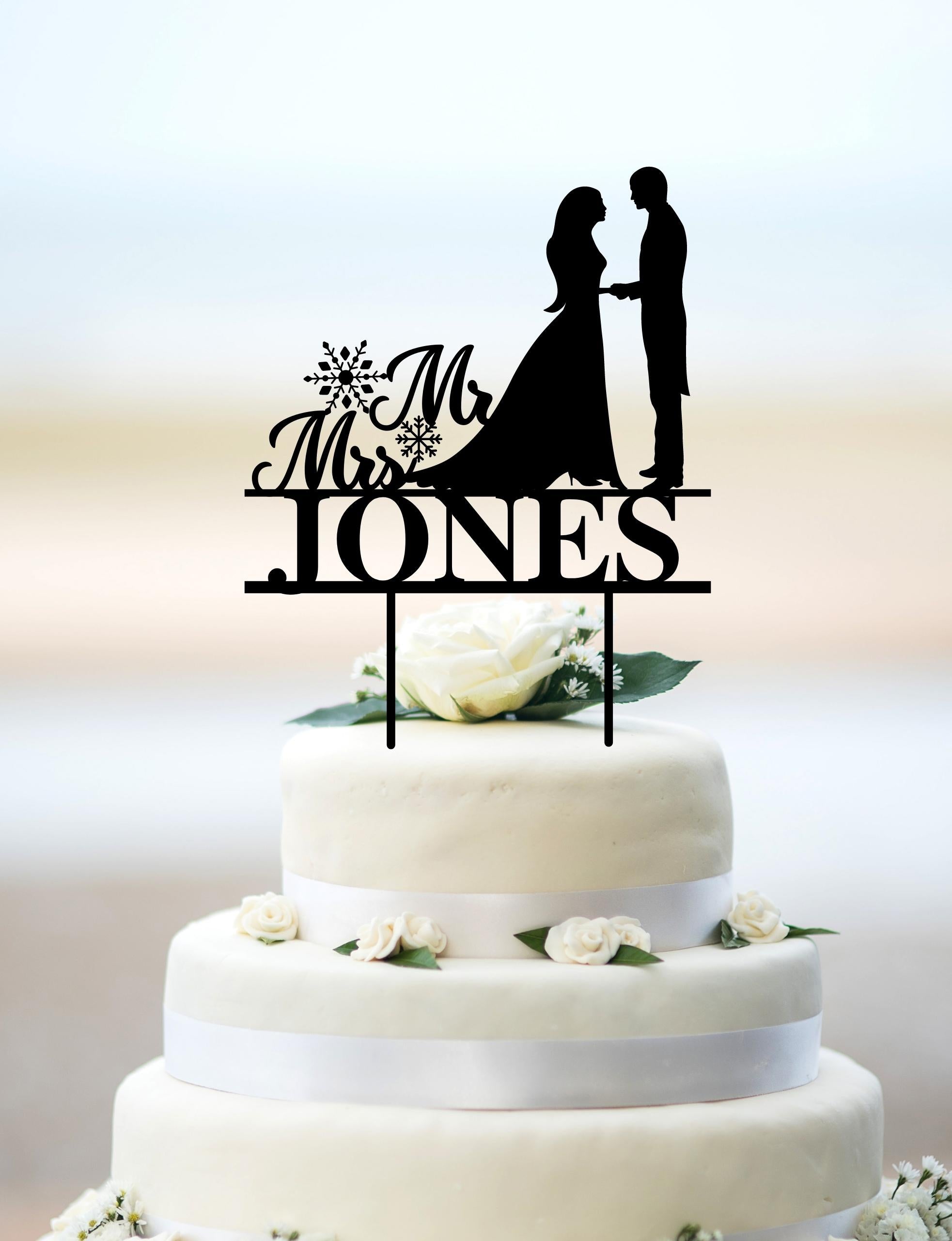 Personalised MDF/ Mirror Acrylic Silhouette Wedding Snowflake Christmas Mr&amp; Mrs Family Name Cake Topper, Custom Last Name &amp; Date Couple Bride &amp; Groom, Hens, Event Party Supply Decor