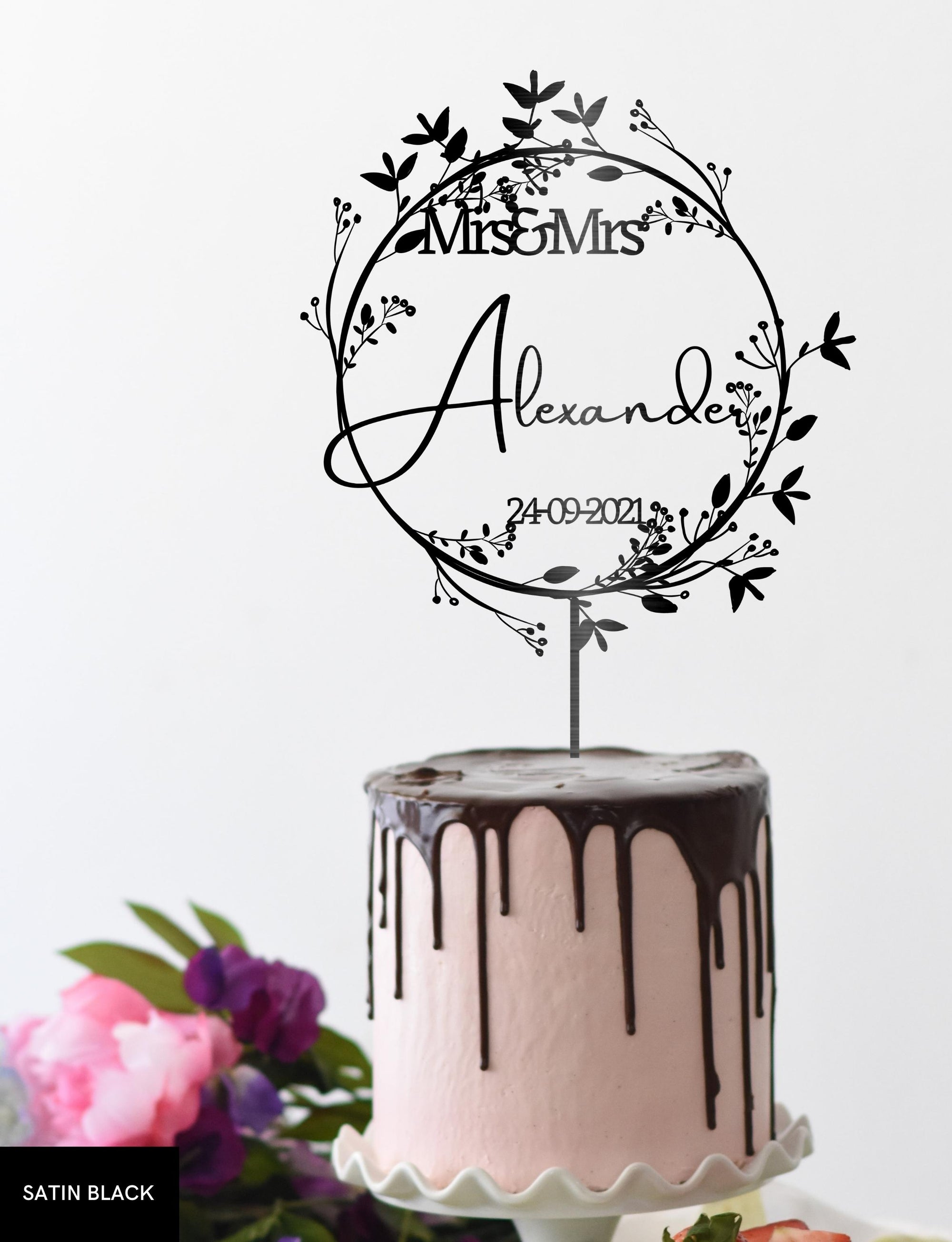 Personalised MDF/ Mirror Acrylic Wedding Cake Topper, Custom Mr & Mrs Join Last Name Leaf Circle Sign, Bridal, Groom Hens Event Party Supply Decor Toppers