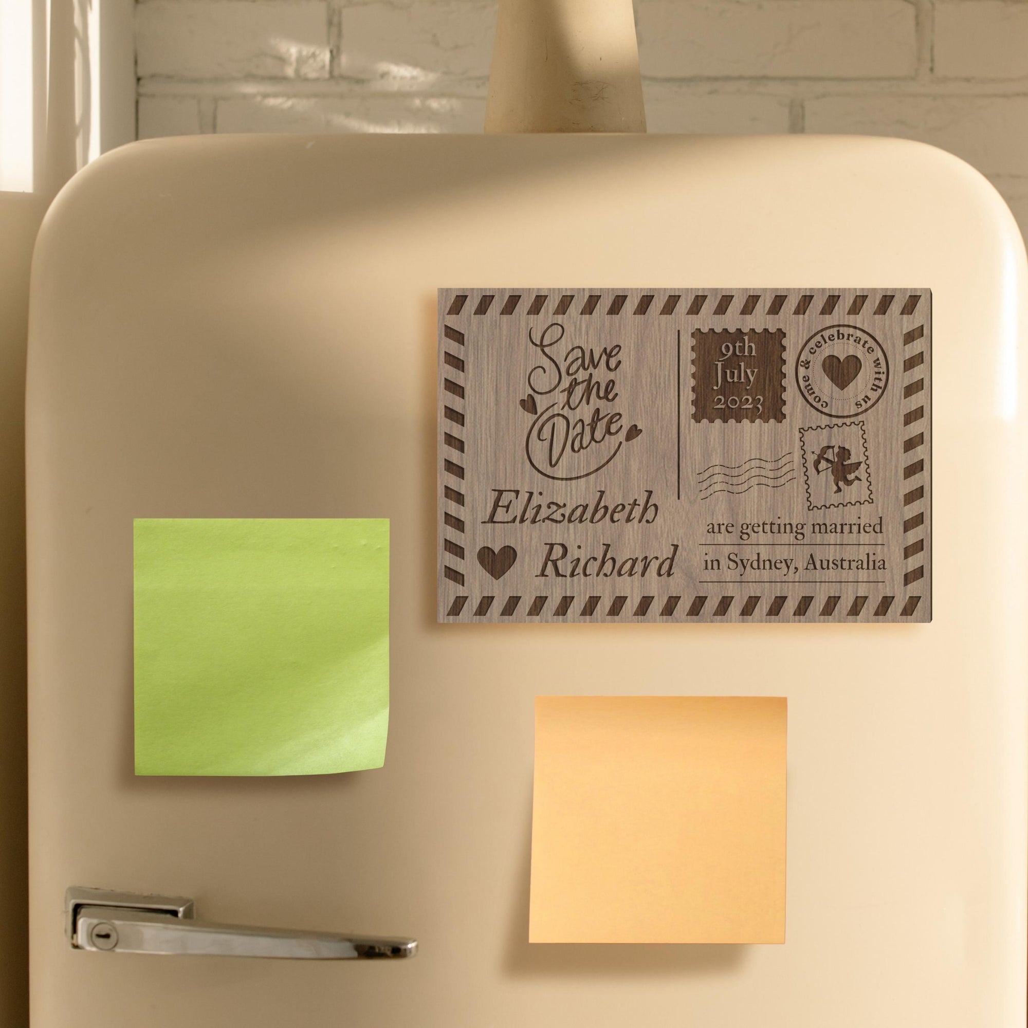 Engraved Wooden/ Acrylic Save The Date Fridge Magnets, Personalised Magnet Invitation Card, Wedding Favours, Custom Wedding Favours, Personalised Remember Date Announcement Guest Gift Tags, Vintage Rustic Envelope Decor
