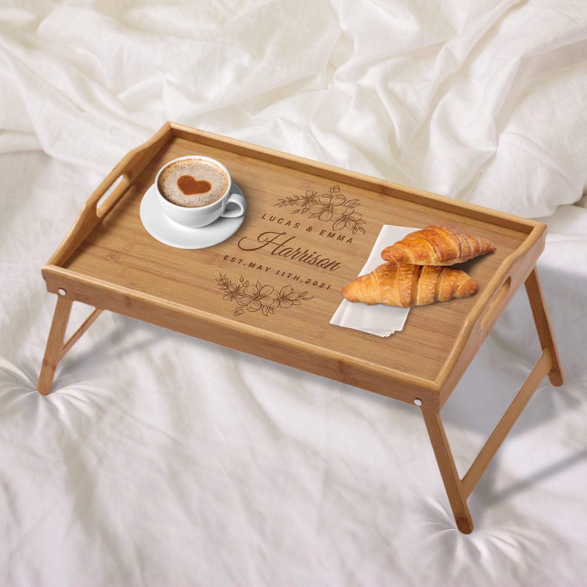 Engraved Portable & Foldable Bamboo Bed Tray Table, Breakfast/ Picnic/ Afternoon Tea Handle Trays, Corporate/ Housewarming Gift, Wedding Favour