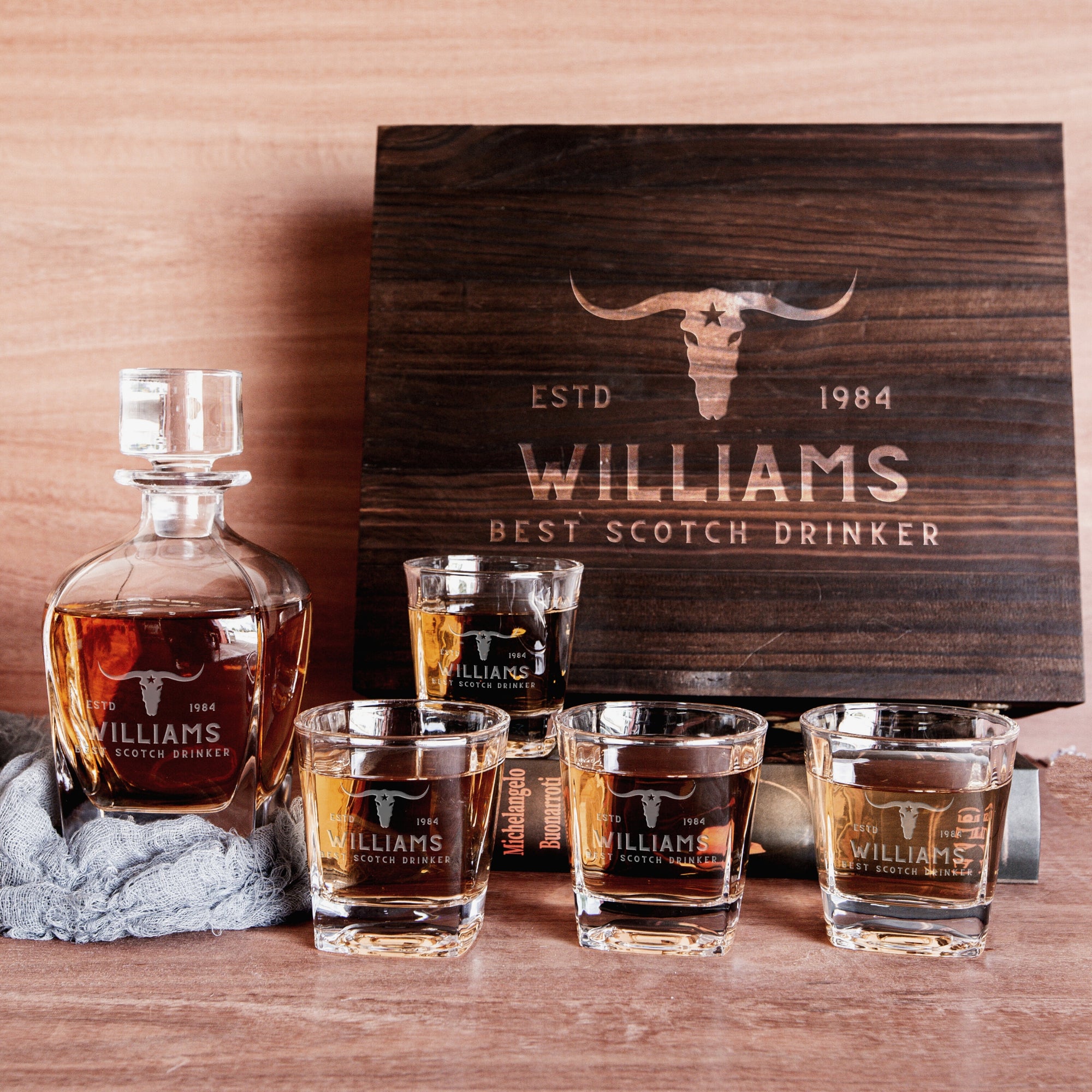 Engraved Wooden Boxed Curve Whiskey Decanter Set with 4  Scotch Glasses, Personalised Custom Monogram Premium Rustic Vintage Whisky Birthday, Groomsmen, Bar Gift for Dad/ Him