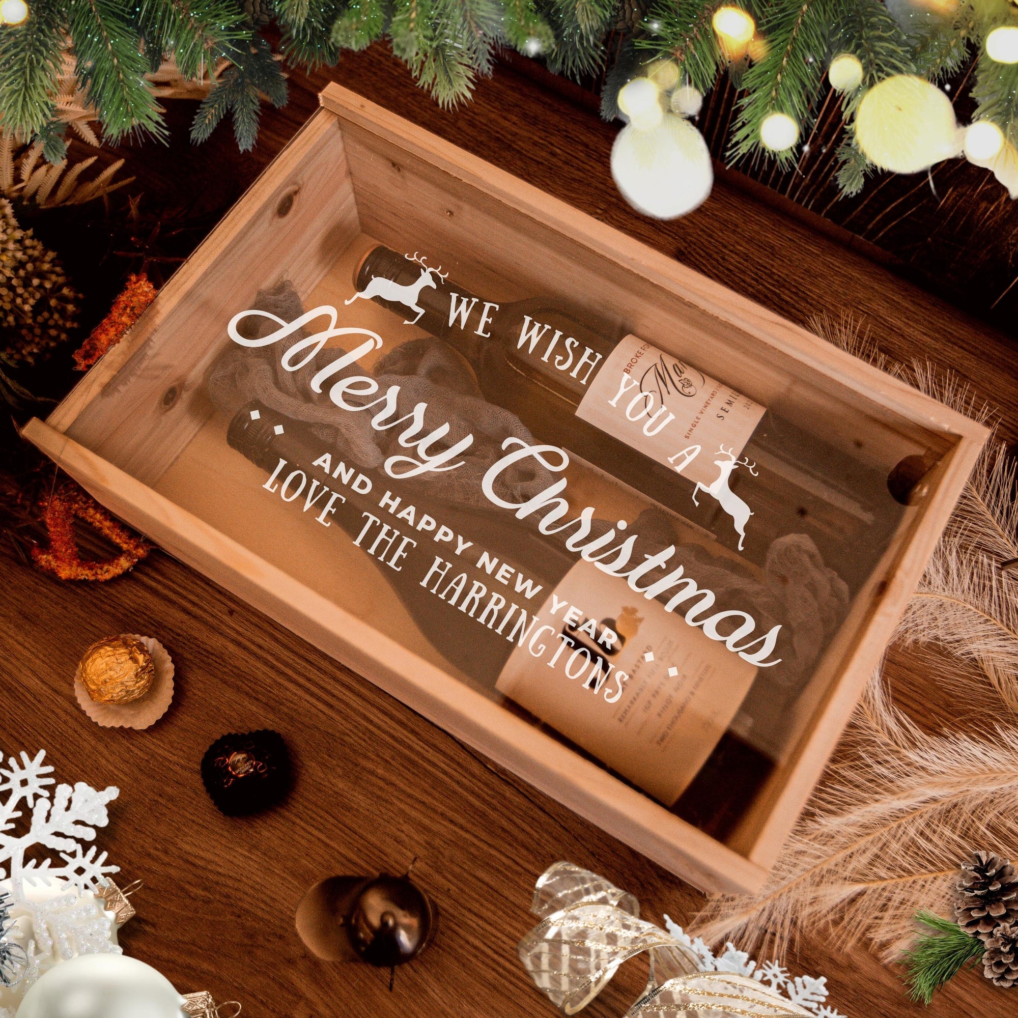 Christmas Personalised Clear Acrylic Lid & Wooden Twin Double Wine Box Gift, Xmas New Year Engraved Custom Housewarming/ Birthday Teacher Corporate Gift