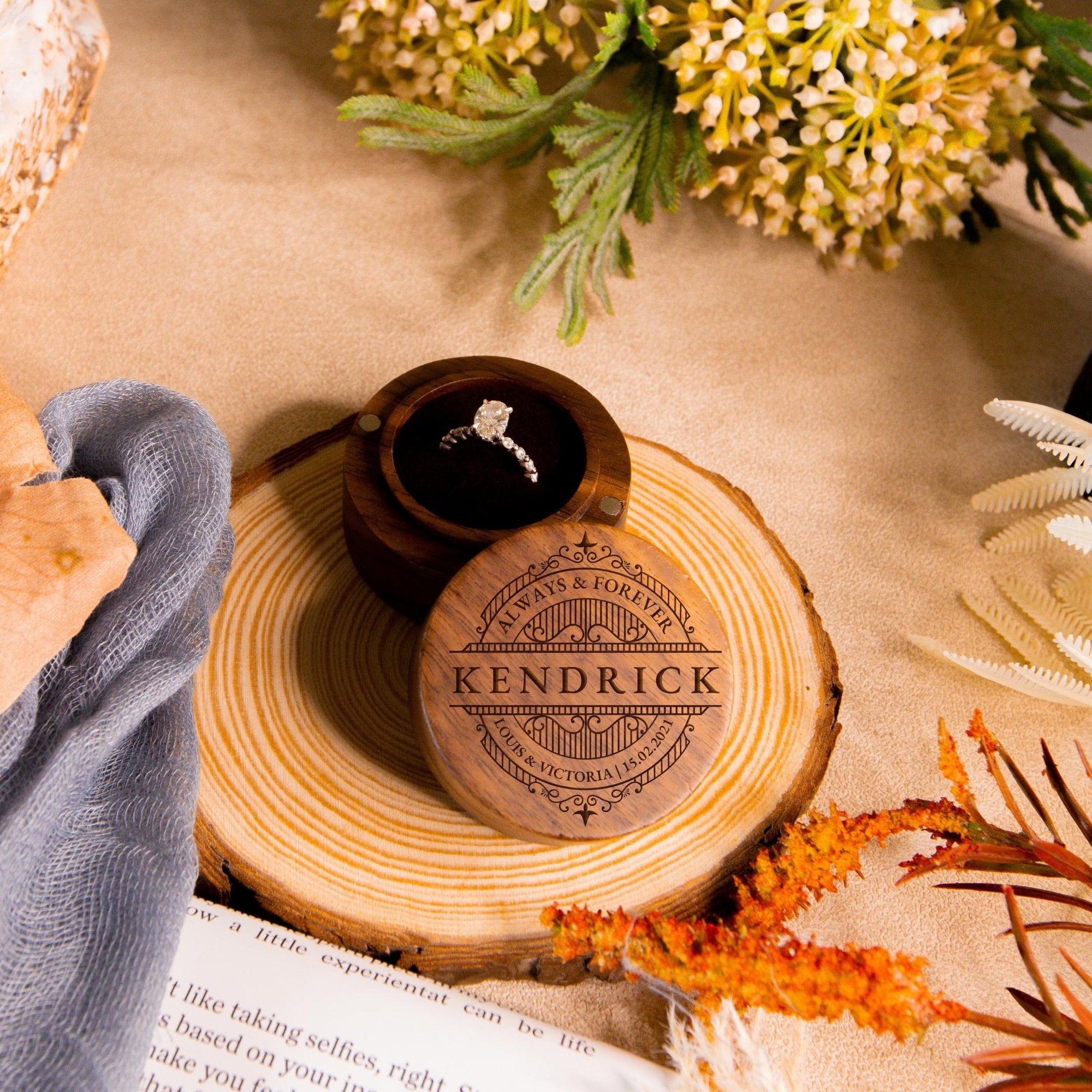 Personalised Wooden Engagement Proposal Ring Bearer Box, Custom Engraved Wedding Single Slot Solid Walnut Round Ring Holder Storage, Anniversary Gift 