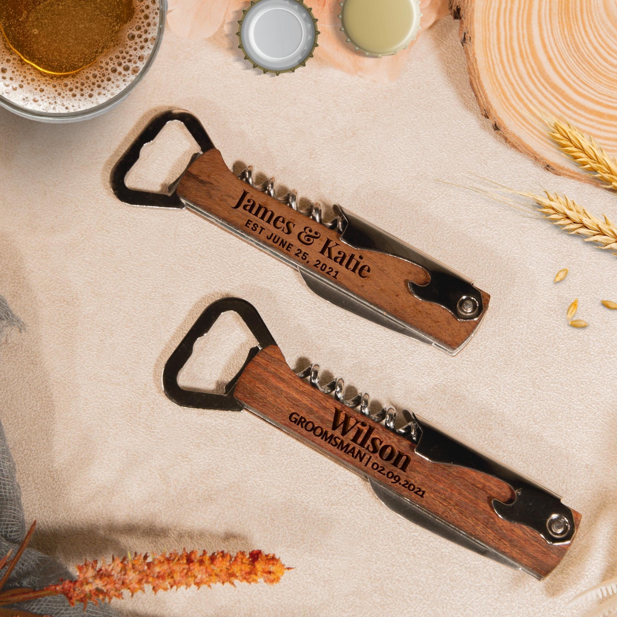 Personalised Engraved Wooden Handle Beer Bottle Opener & Wine Corkscrew, Custom Logo Knife/Foil Cutter, Corporate Gift, Wedding Favour, Groomsmen/ Father's Day Gift for Him, Christmas/ Teacher Present