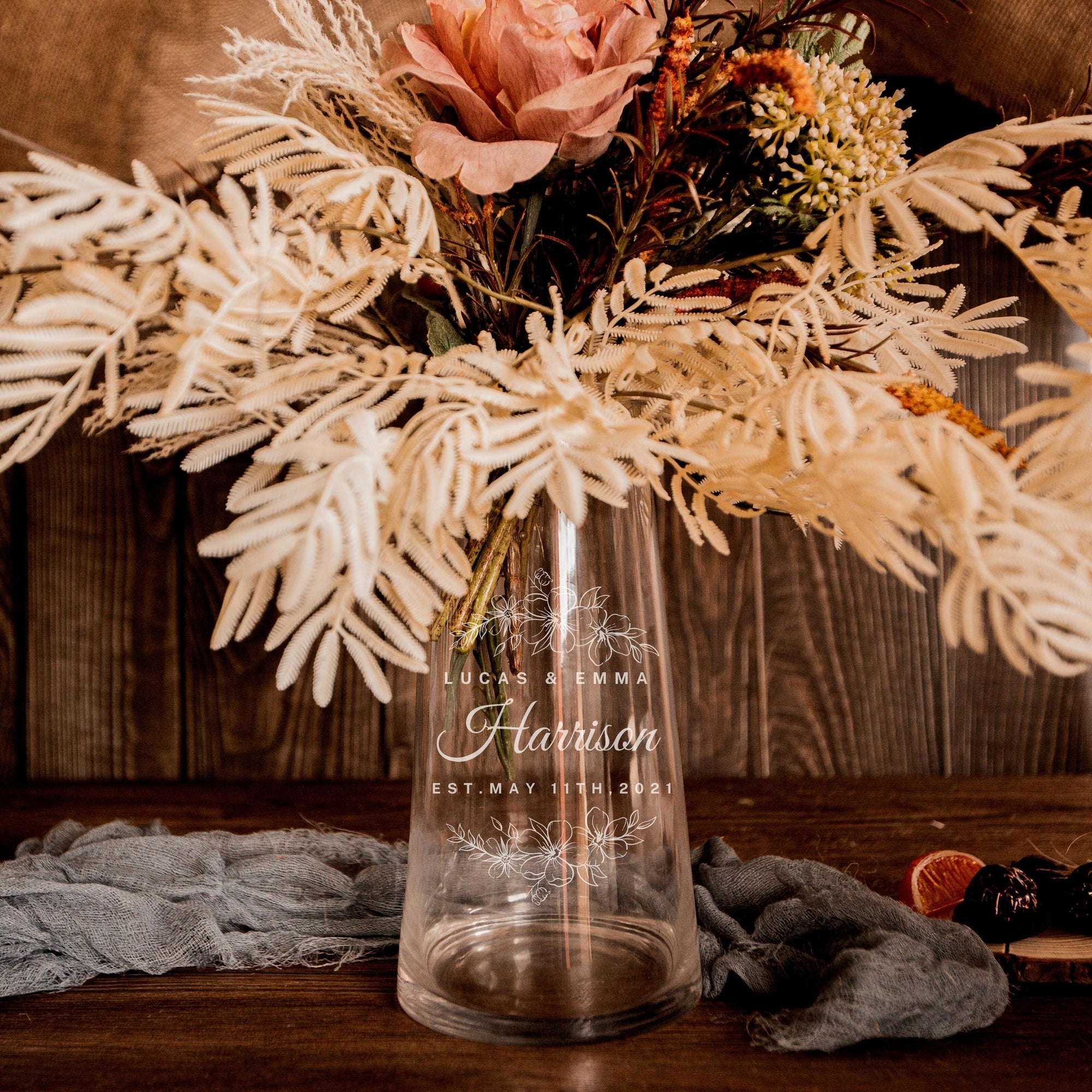 Personalised Large Tapered Clear Glass Vase, Custom Engraved Memorial Wedding Gift for Bridesmaid, Mother of Bride/ Groom, Housewarming, Anniversary