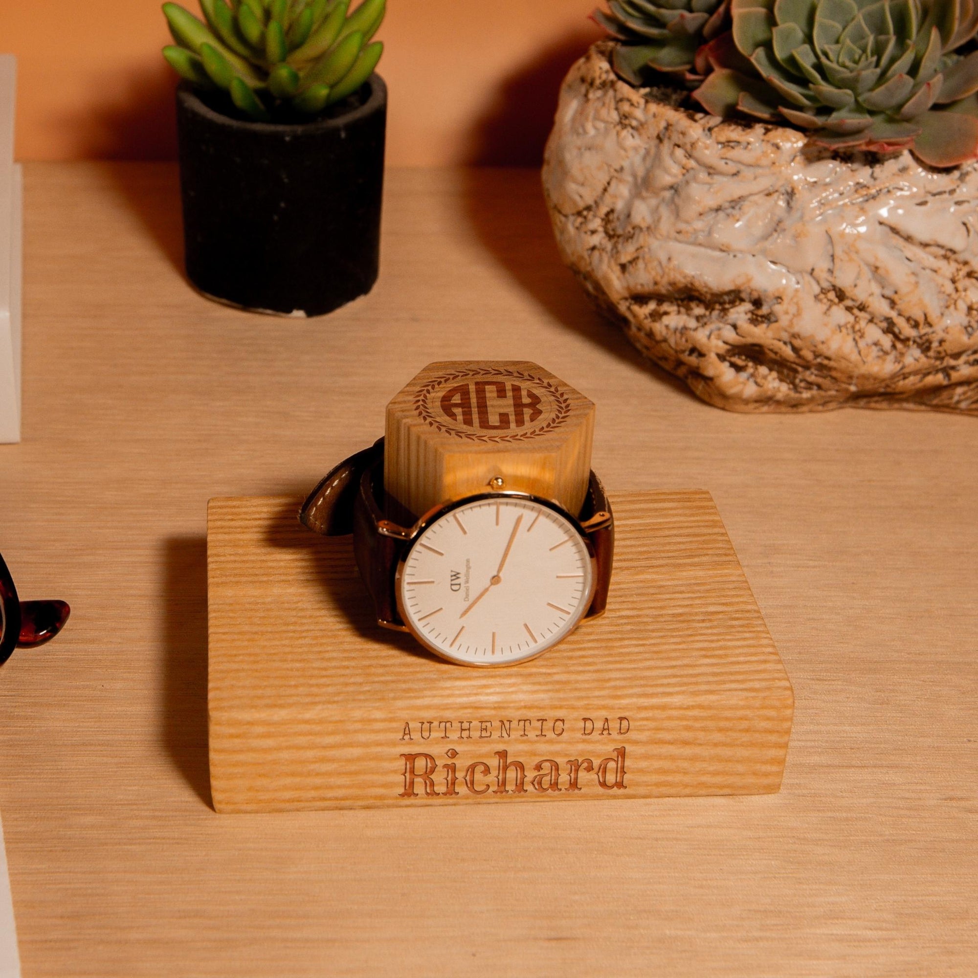Personalised Wooden Watch Display Stand, Custom Engraved Solid Walnut/ Ash Watches Storage Organiser, Eco Unique Decor Gift for Dad/ Him