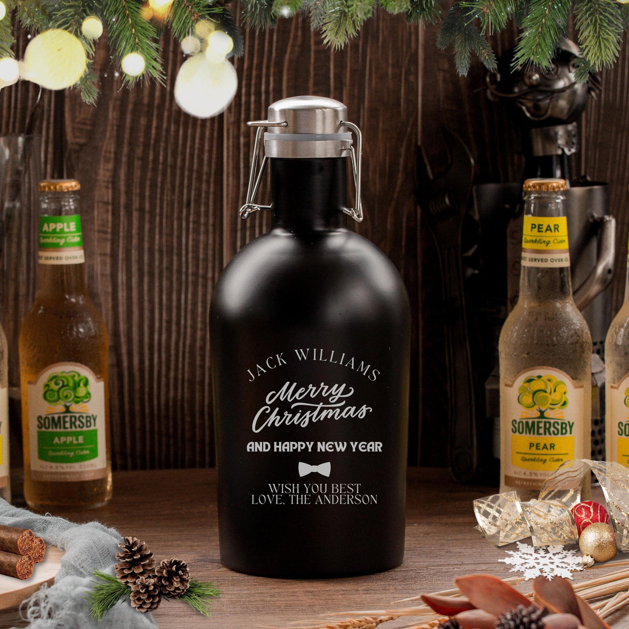 Christmas 2L Personalised Engraved Stainless Steel Insulated Beer Travel Growler, Etching Custom Logo Thermal Brew Tank, Corporate/ Father/ Housewarming Gift, Xmas, New Year Favour Present