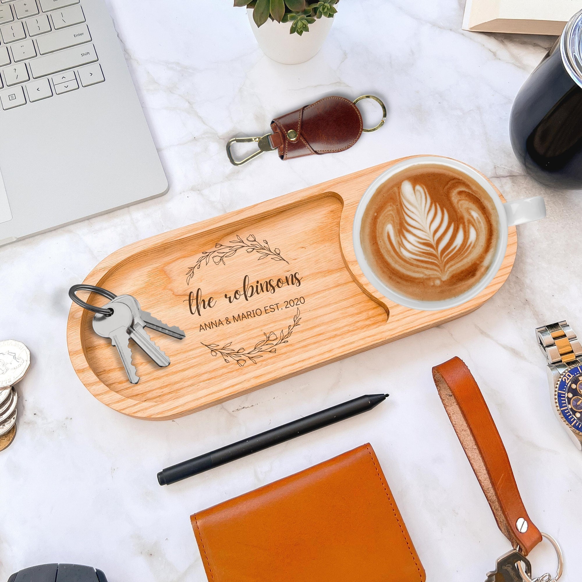 Personalised Ash Wood Round Catchall Tray & Drink Holder, Jewellery/ Tech/ Office Valet, Custom Engraved Timber Organiser, Desk Accessories